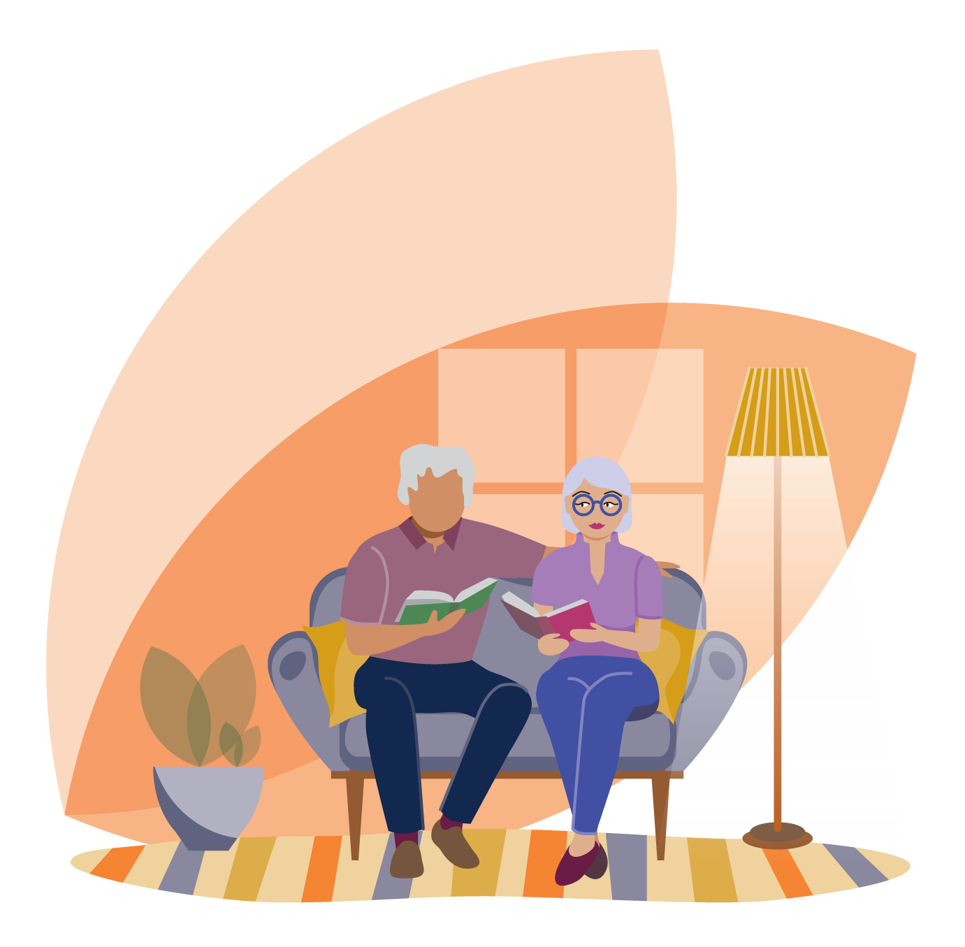 An elderly couple reading books together on a sofa in a cozy living room with orange walls, a lamp, a window, a potted plant, and a colorful rug.