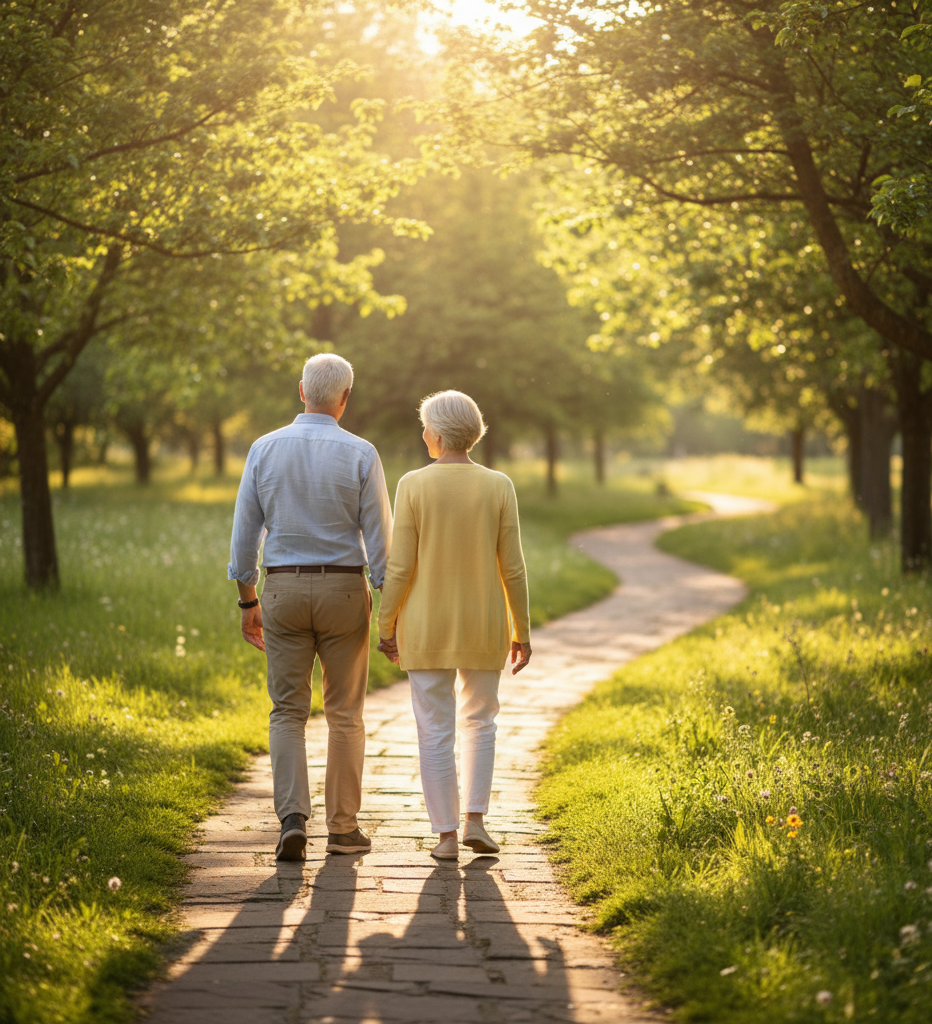 An elderly couple walking hand in hand along a winding path in a green park during sunset.