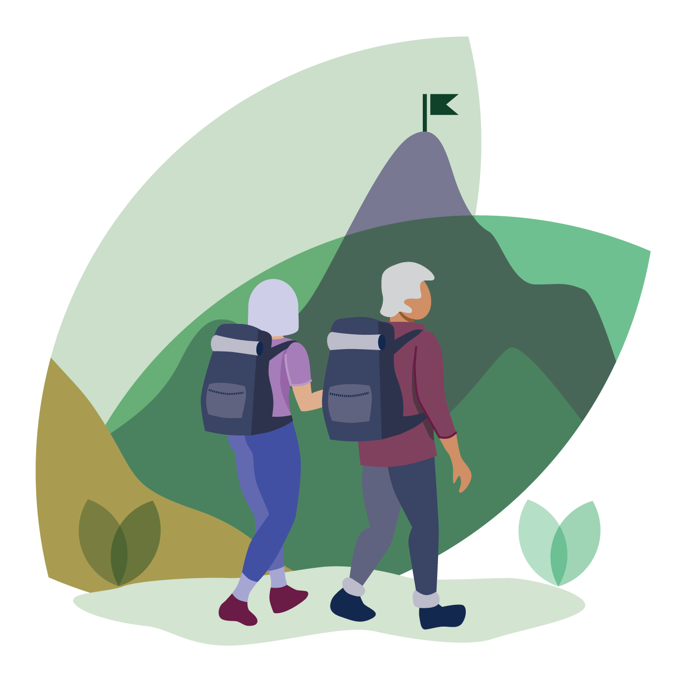 Illustration of two hikers with backpacks walking on a trail in front of a mountain and a flag at the top.