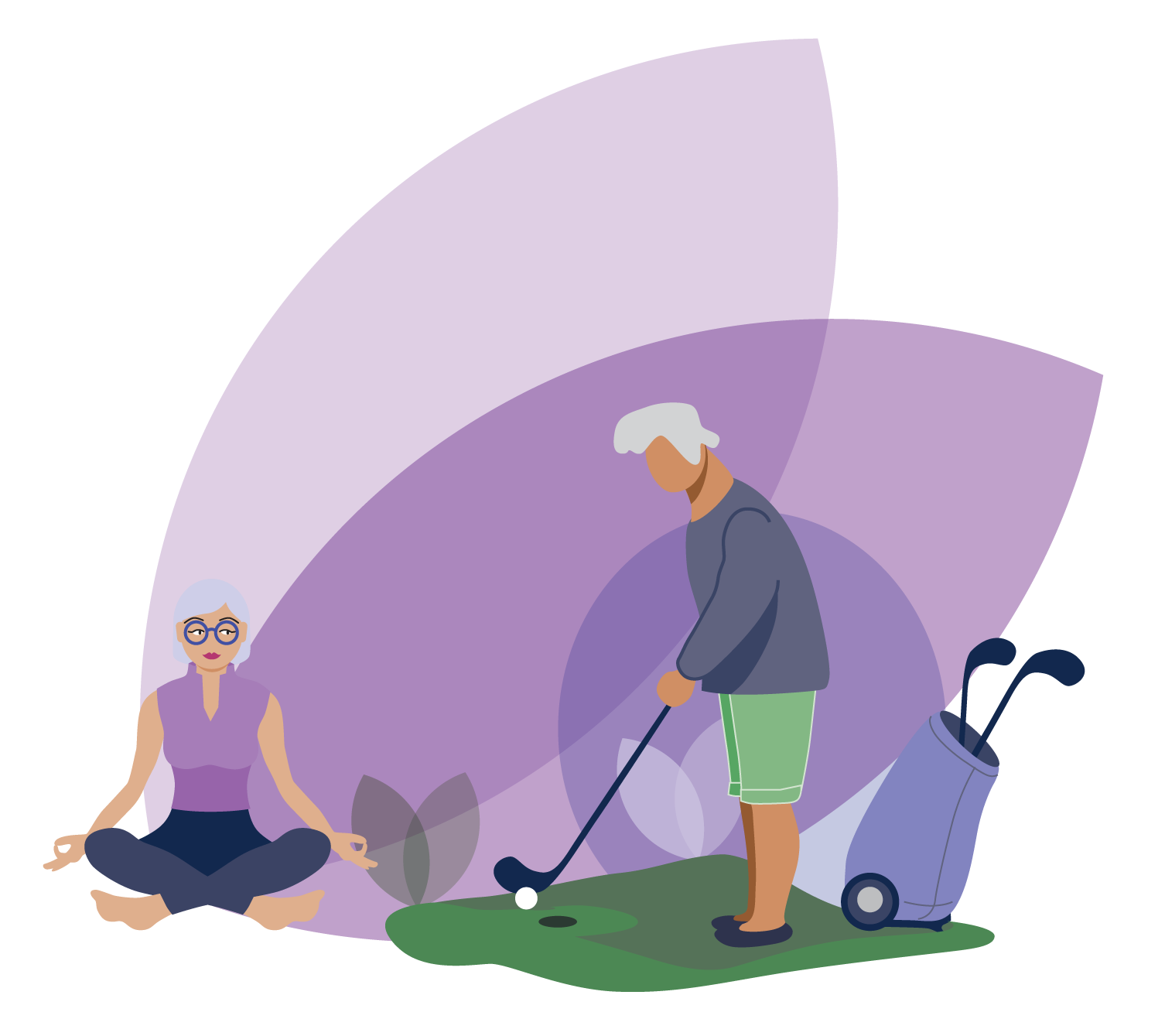 An elderly woman practicing yoga in a seated meditation pose with eyes closed, next to a man playing golf, with a vacuum cleaner nearby, with a purple abstract background.