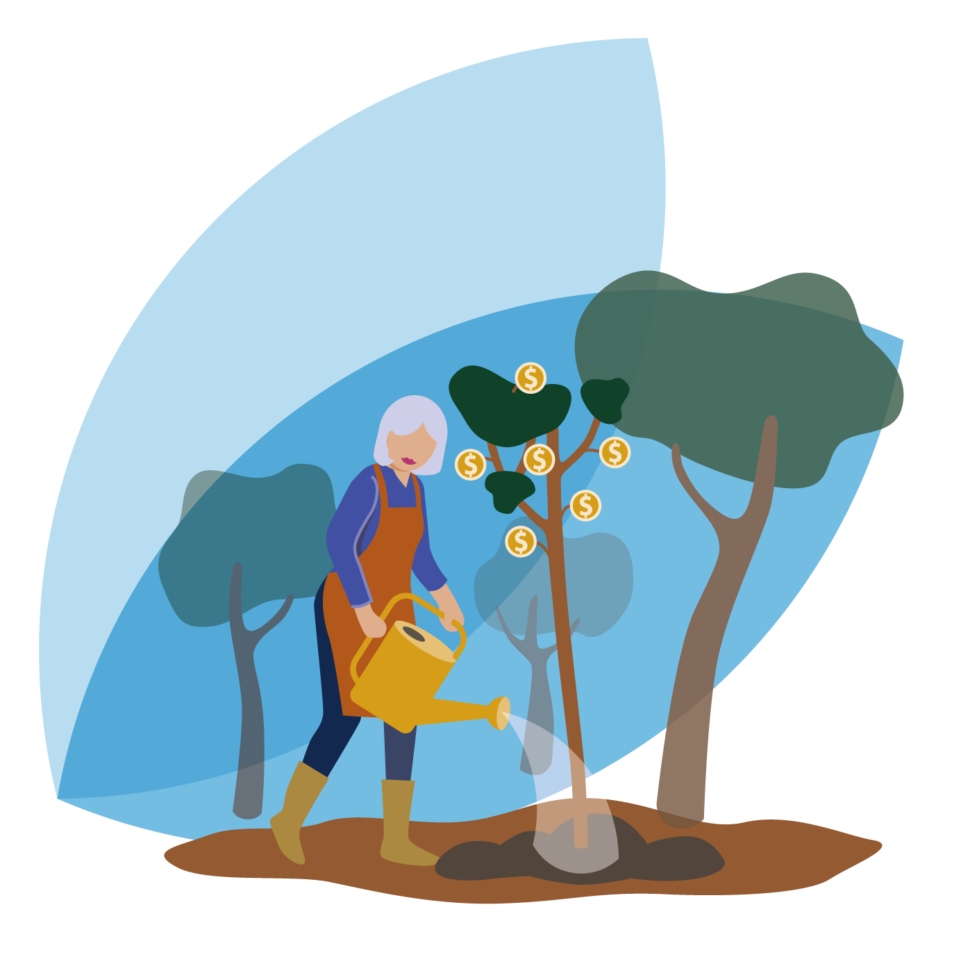 Illustration of a woman in yellow boots and an apron watering a small money-bearing tree with dollar signs, surrounded by larger trees with green foliage.