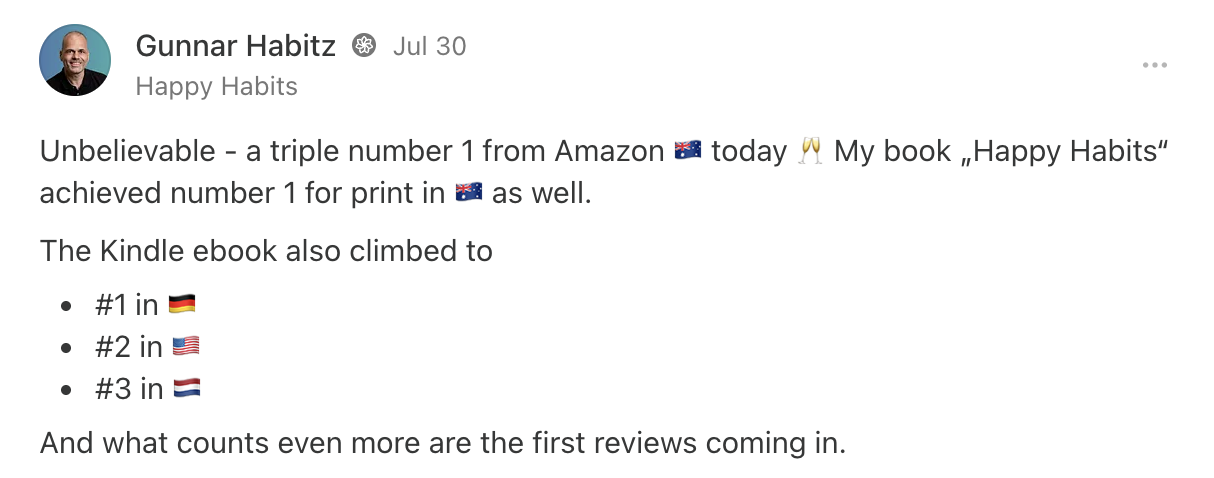 Social media post by Gunnar Habitz announcing his book 'Happy Habits' reaching number one on Amazon and in print, with mentions of Kindle ebook rankings in Germany, the US, and the Netherlands.