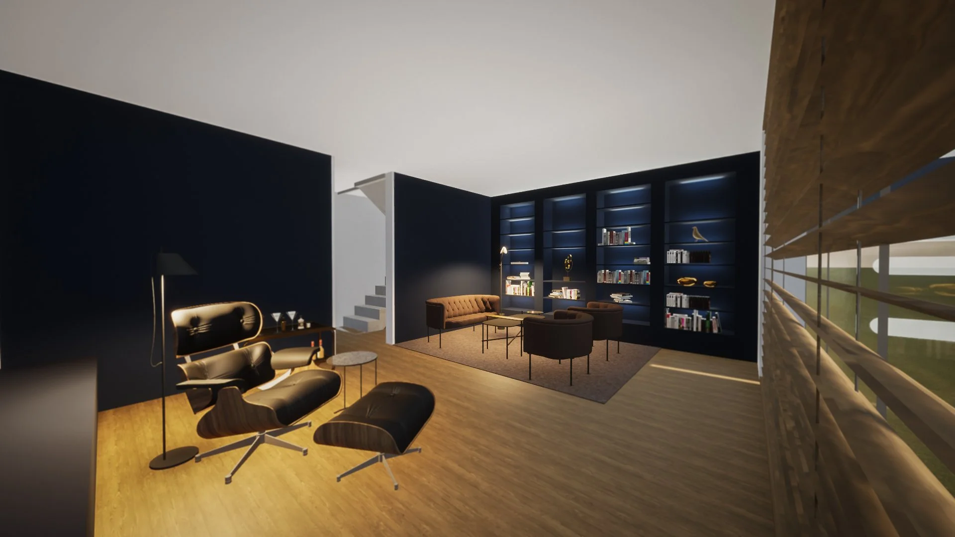 Rendering von einem modernem Wohnzimmer mit blauen Bücherregal, gemütlichen Sesseln, Holzboden und große Fenster mit Holzläden, hochwertig gestaltete privat Bibliothek