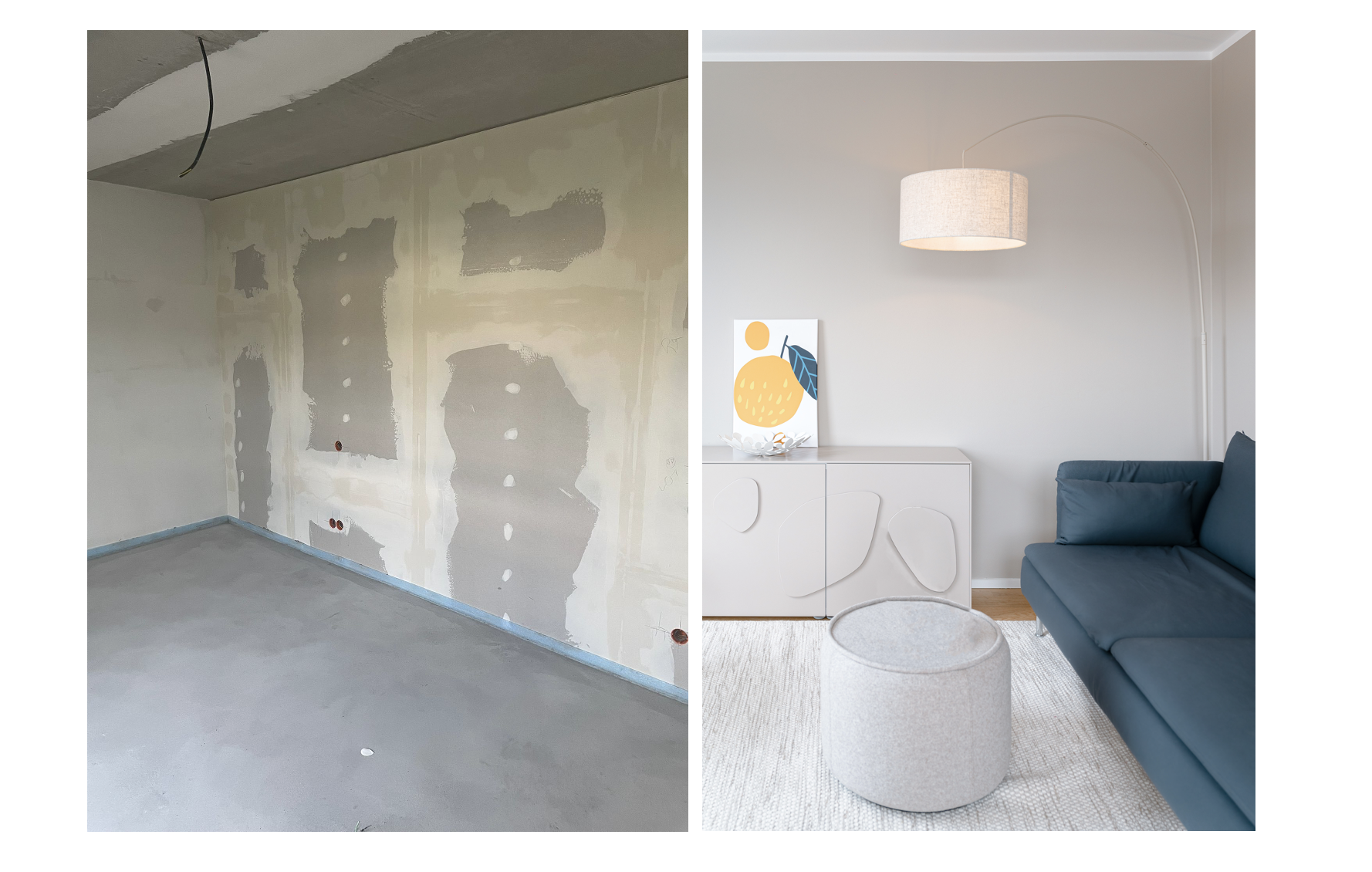 Vergleich eines unmöblierten, renovierten Zimmers mit Rohbau auf der linken Seite und eines modern eingerichteten Wohnzimmers auf der rechten Seite.