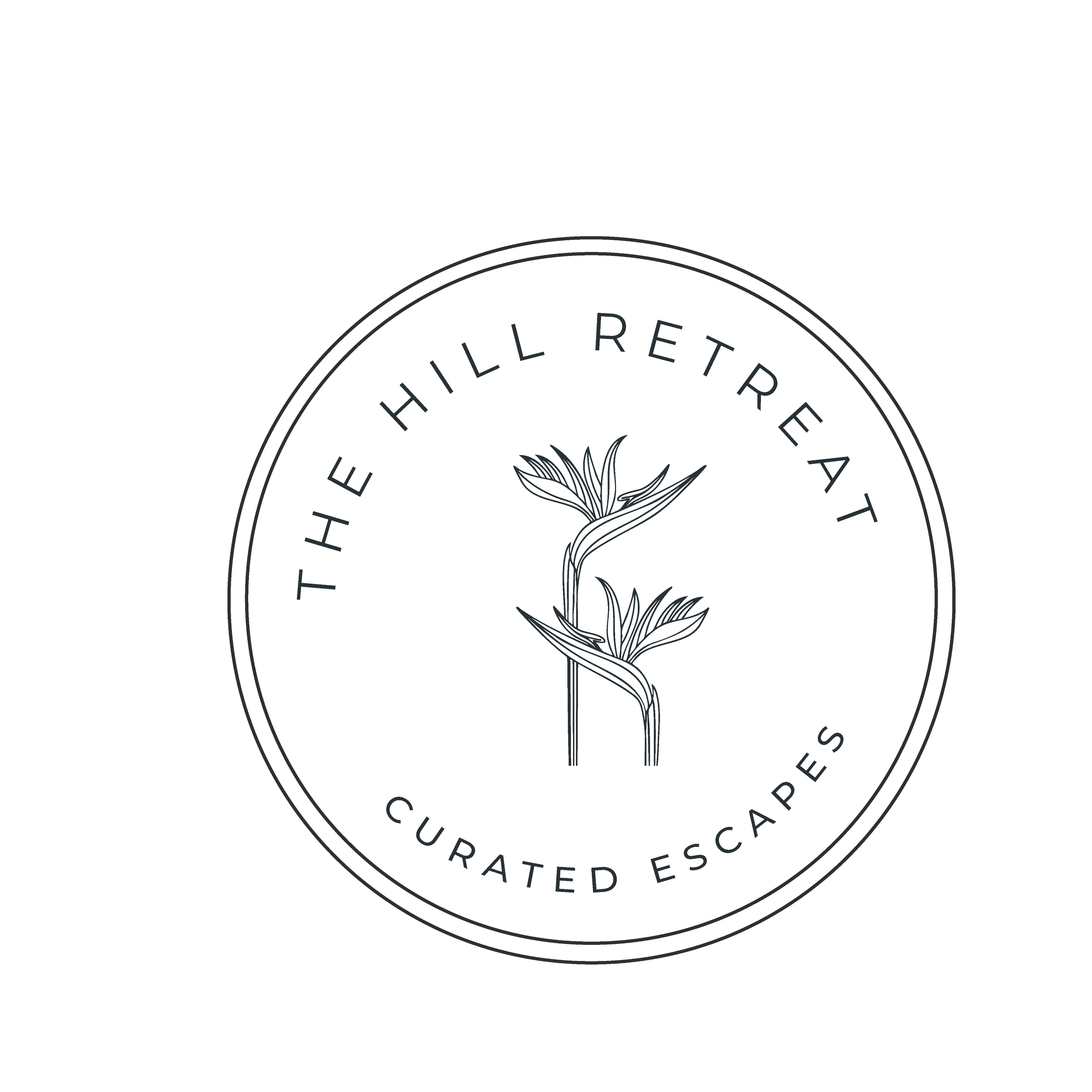 Black and white logo with circular text reading "HILL RETREAT" and artistic plant illustration in the center.