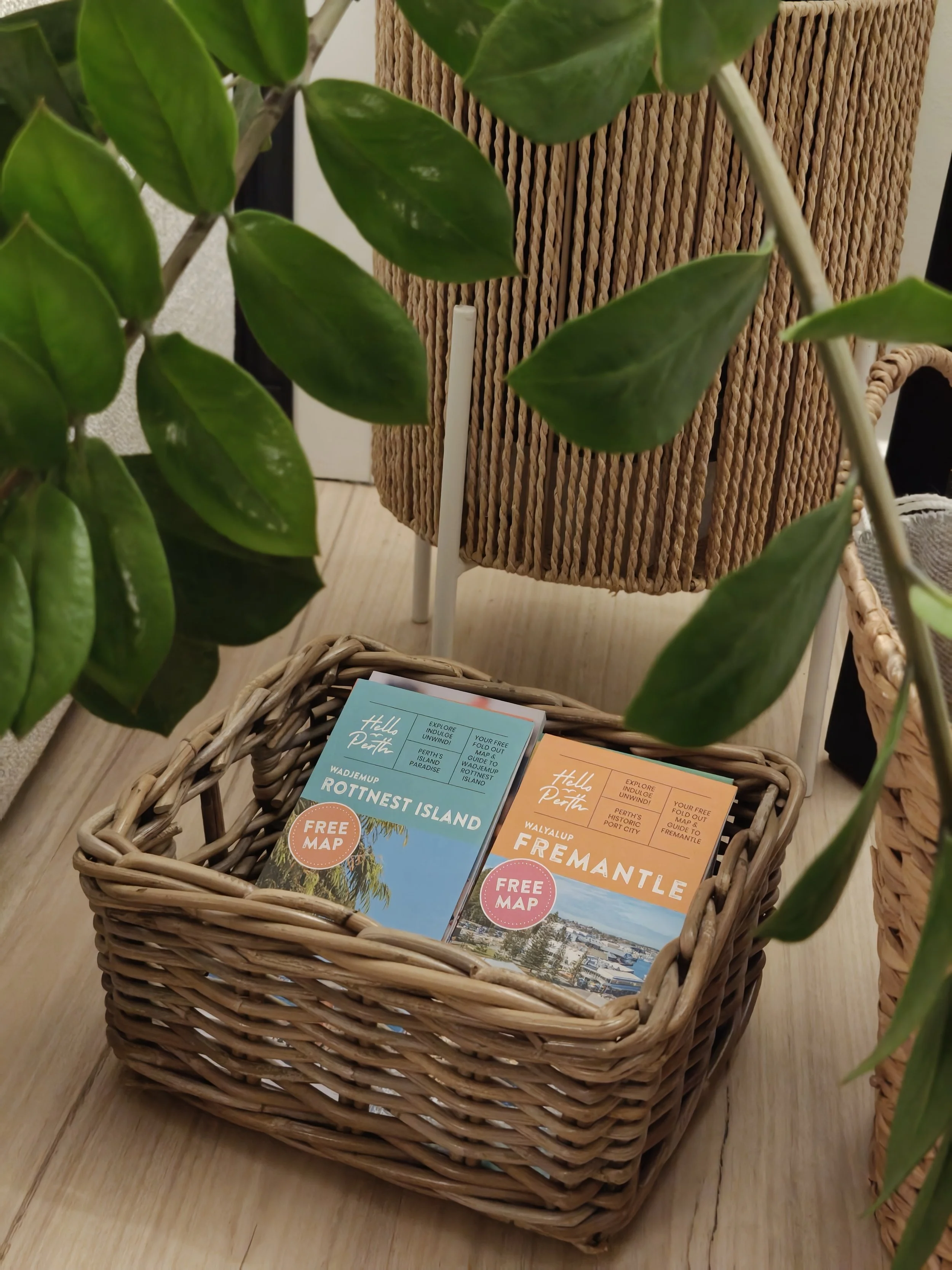Wicker basket containing colorful brochures advertising free maps of Rottnest Island and Fremantle, with green leaves of a plant partially visible on the left and right sides of the image.