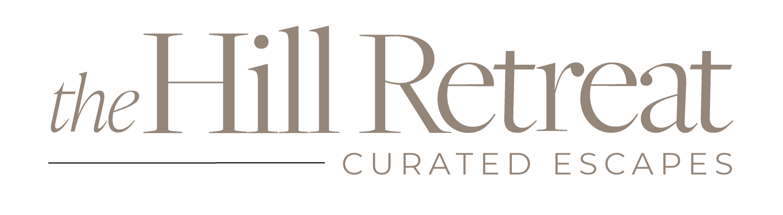 Logo for the Hill Retreat with the slogan Curated Escapes in light gray text.