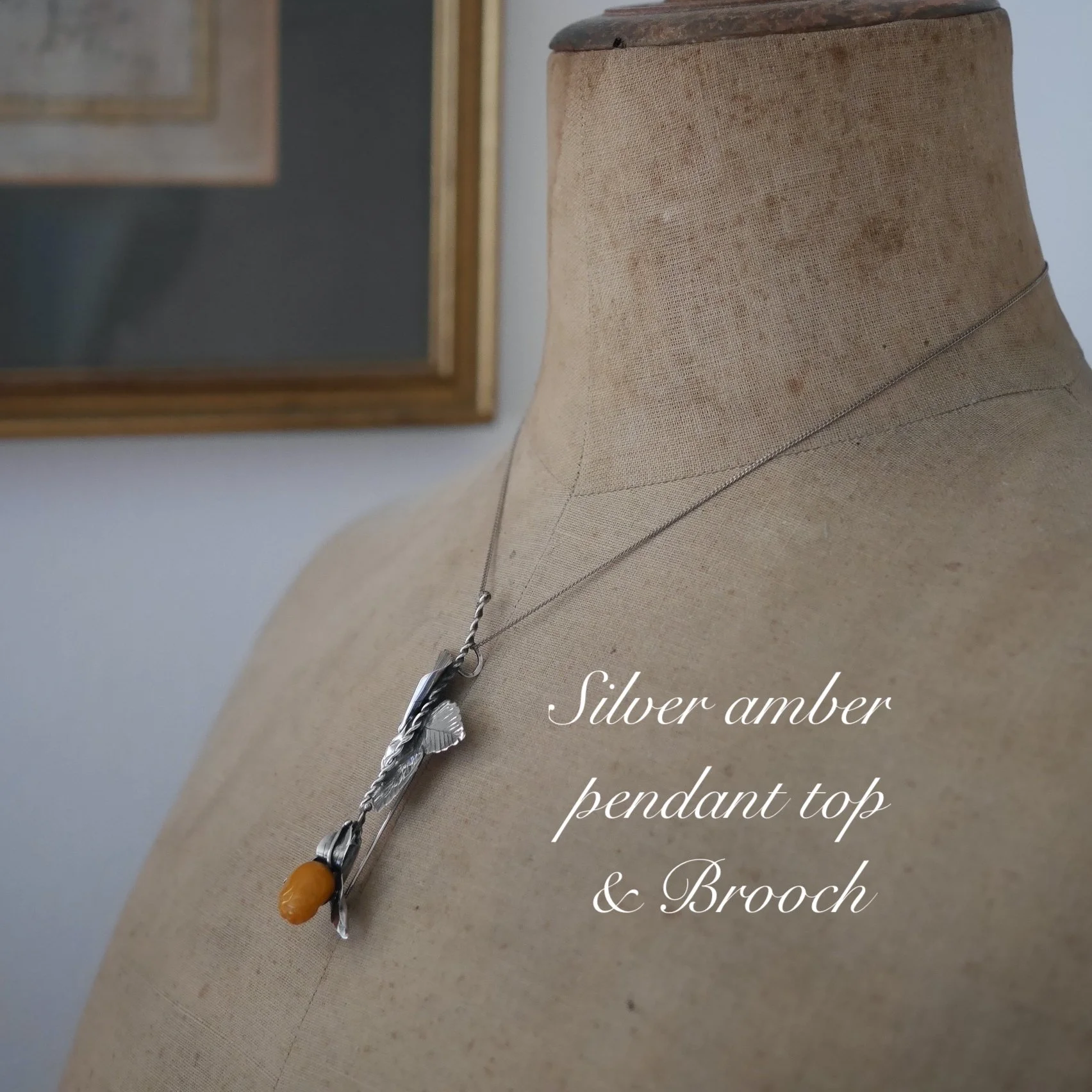 シルバーと琥珀の薔薇ブローチ＆ペンダントトップ（20世紀）