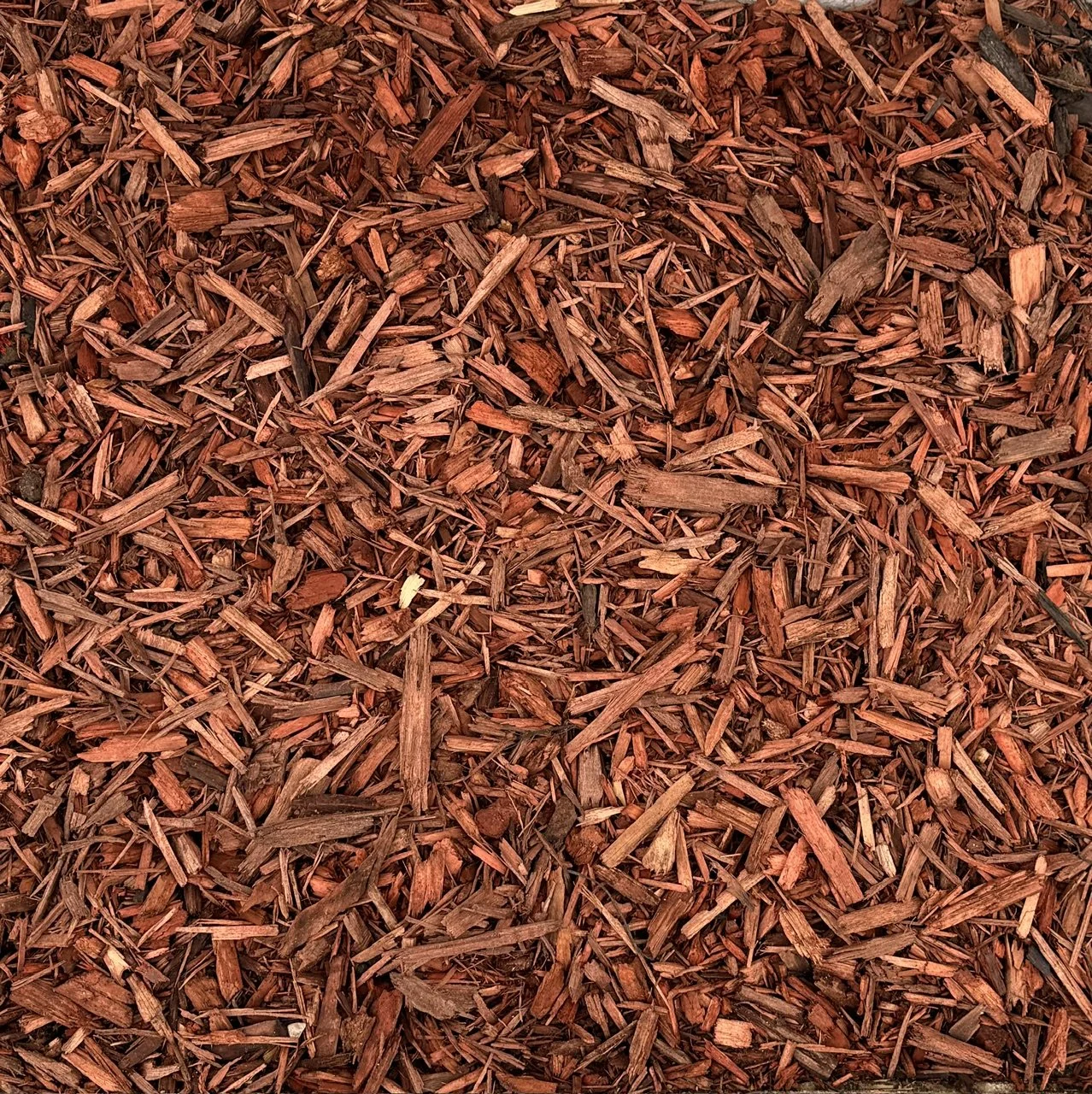 Close-up of reddish-brown wood mulch used for landscaping or gardening.