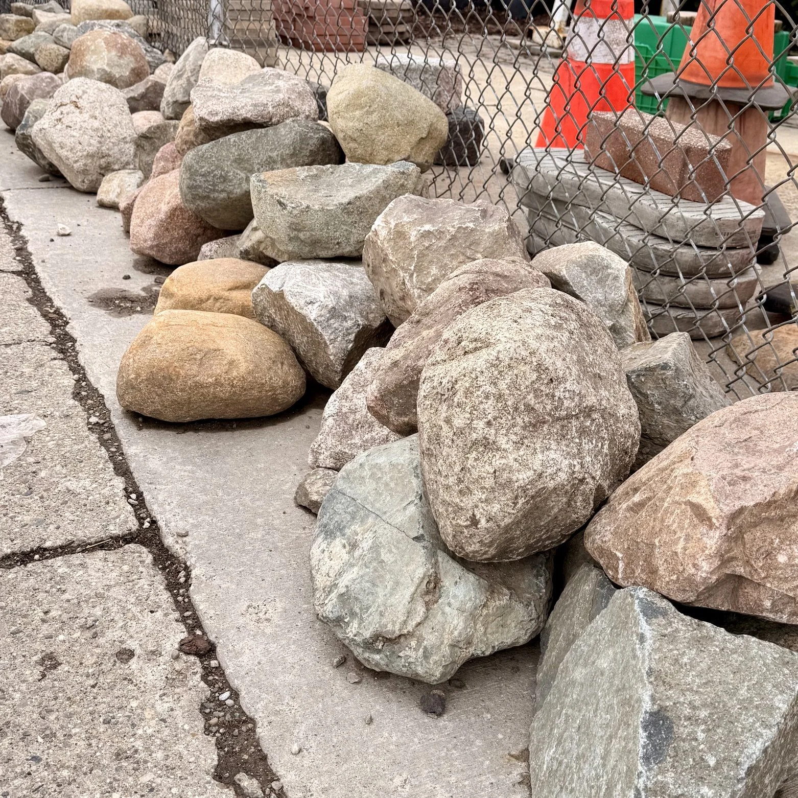 A row of large rocks and boulders at Allemon’s Landscape Center, Detroit, Michigan serving the Grosse Pointe, St. Clair Shores, and Detroit Communities since 1929.