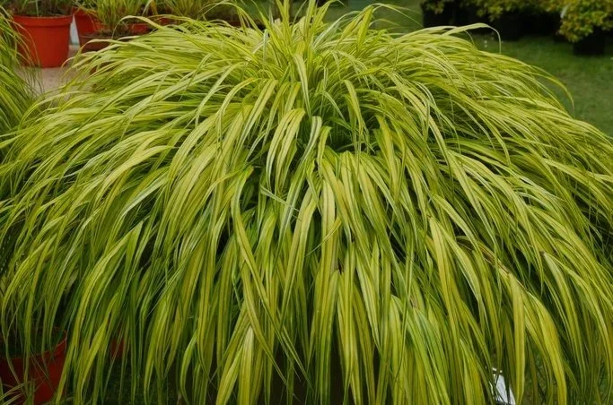 A lush yellow-green ornamental grass plant in a garden or nursery setting from Allemon’s Landscape Center, Detroit, Michigan serving the Grosse Pointe, St. Clair Shores, and Detroit Communities since 1929.