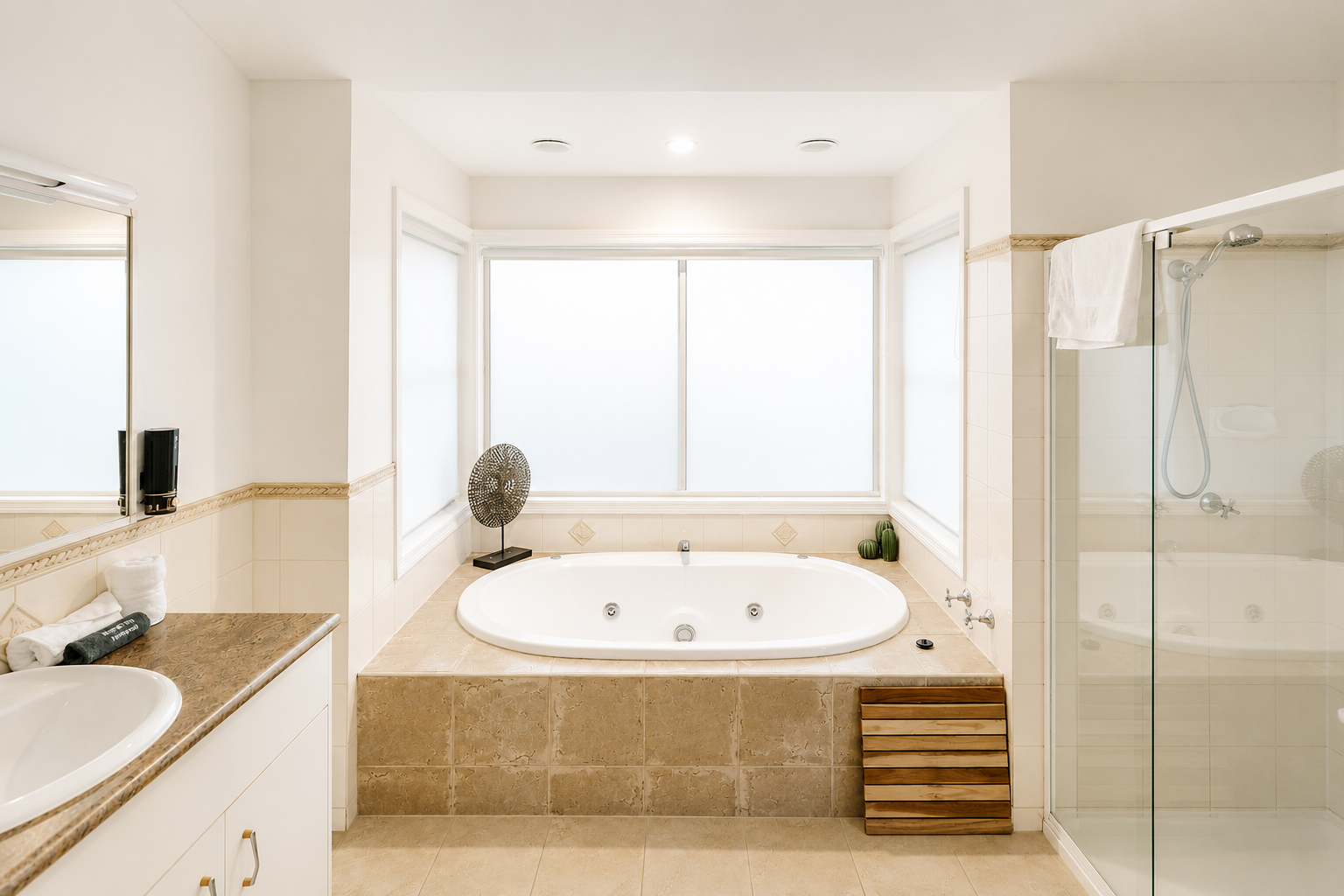Bright bathroom with a bathtub by large frosted windows, a glass shower stall, a marble countertop with towels, and decorative plants.