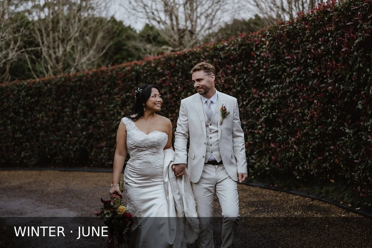 Winter wedding at Shambala Estate in June, with Donna and Greg in the deeper winter garden tones.