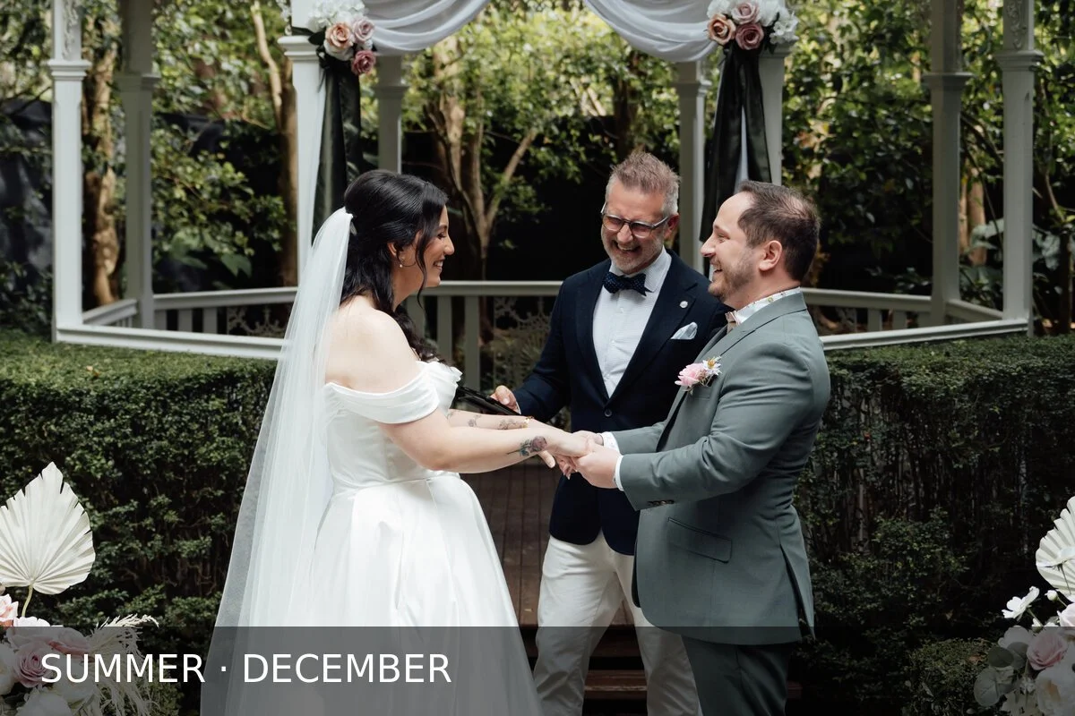 Summer wedding at Shambala Estate in December, with Esra and James exchanging vows at the garden Gazebo.