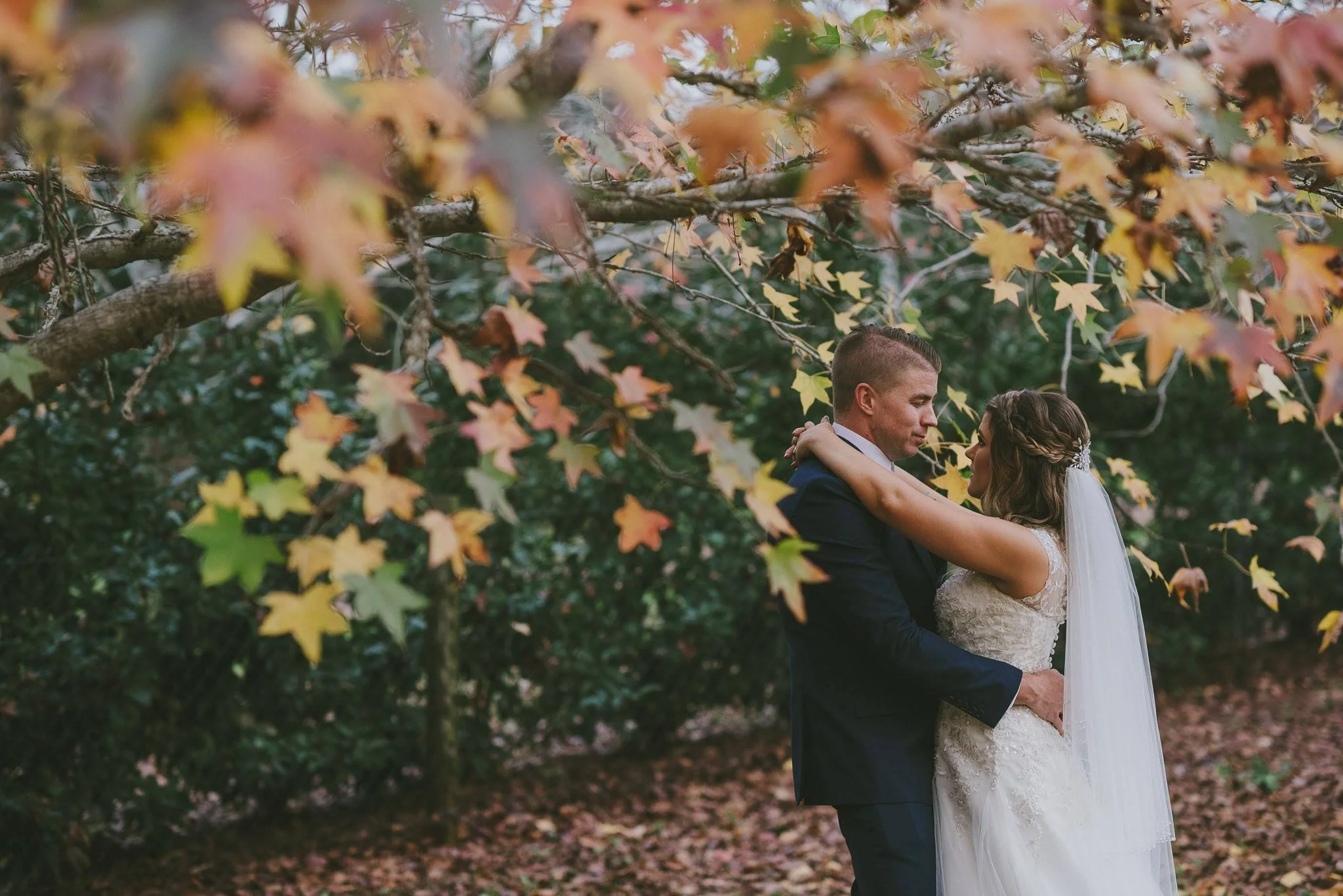 Newlyweds embracing beneath autumn leaves in the gardens at Shambala Estate, Tamborine Mountain.