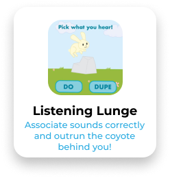 A digital game screen showing a coyote behind a rock and two buttons labeled 'DO' and 'DUP', with the phrase 'Pick what you hear!' at the top.