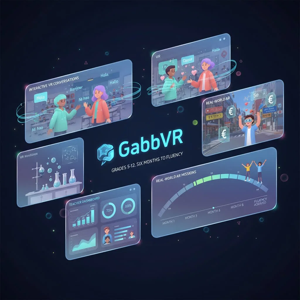 Digital graphic showcasing GabbVR, a virtual reality language learning platform for grades 5-12, including features like interactive VR conversations, real-world AR, teacher dashboard, and VR modules.