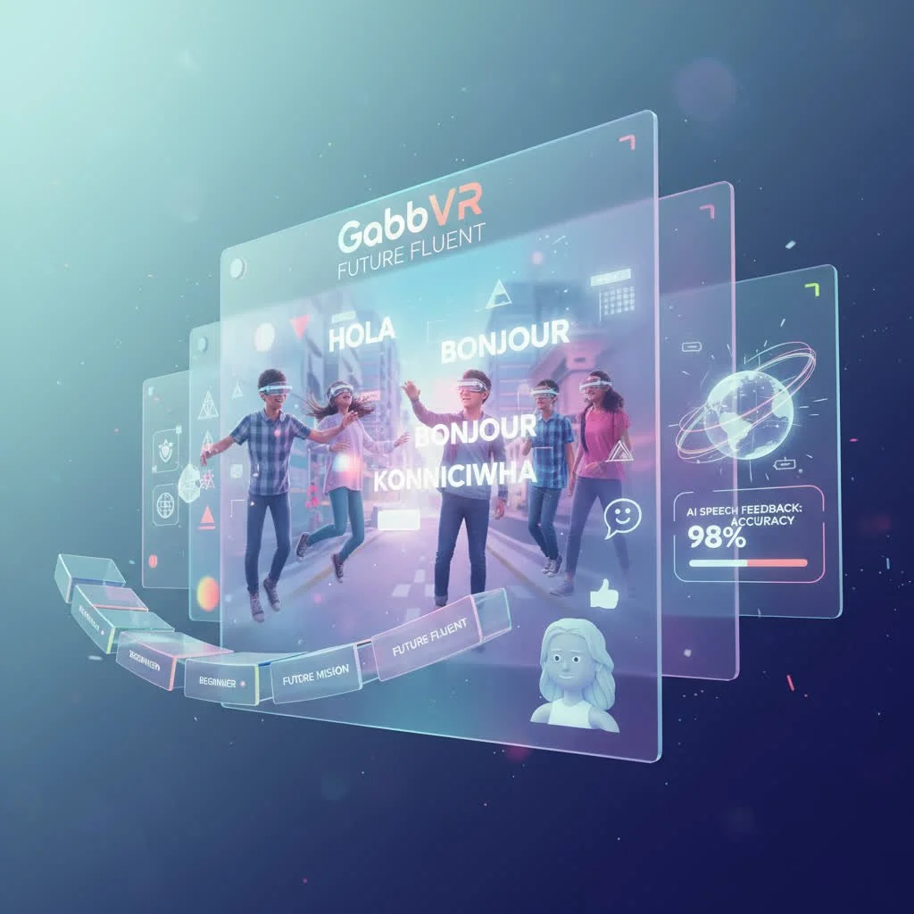 Virtual reality interface with children wearing VR headsets, displaying greetings in multiple languages, a globe, and AI feedback stats.