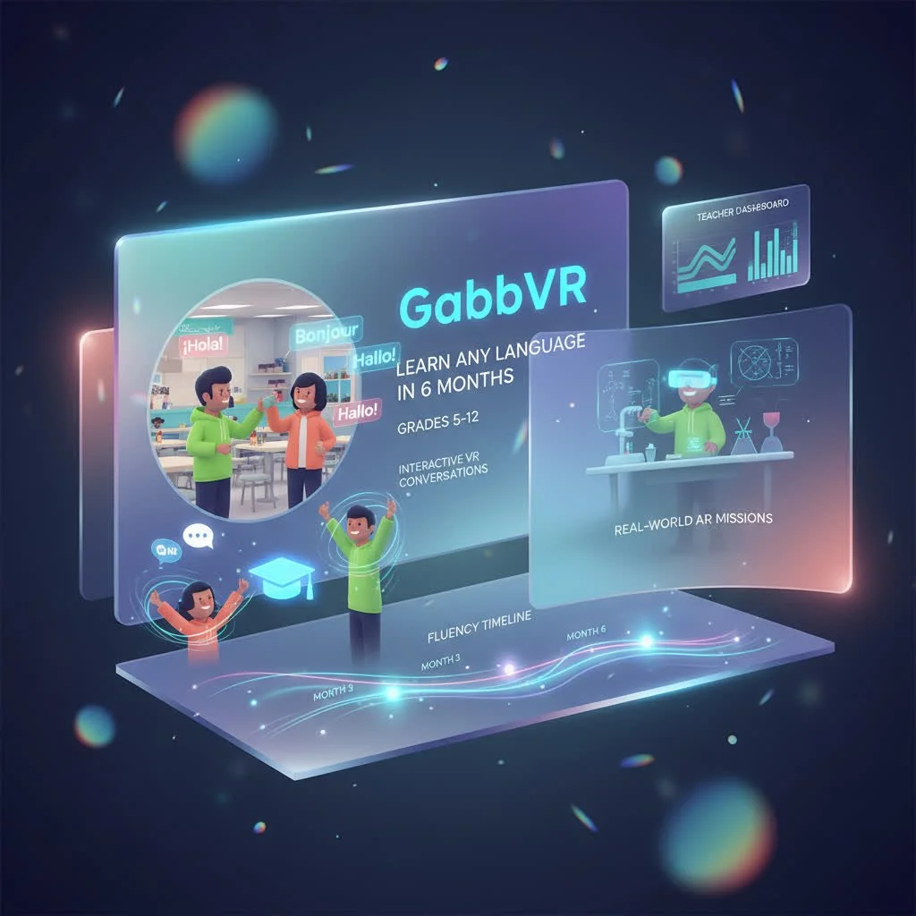 Digital infographic promoting GabVR, a language learning platform for grades 5-12, showing interactive VR conversations and real-world AR missions, with illustrations of children learning and exploring.