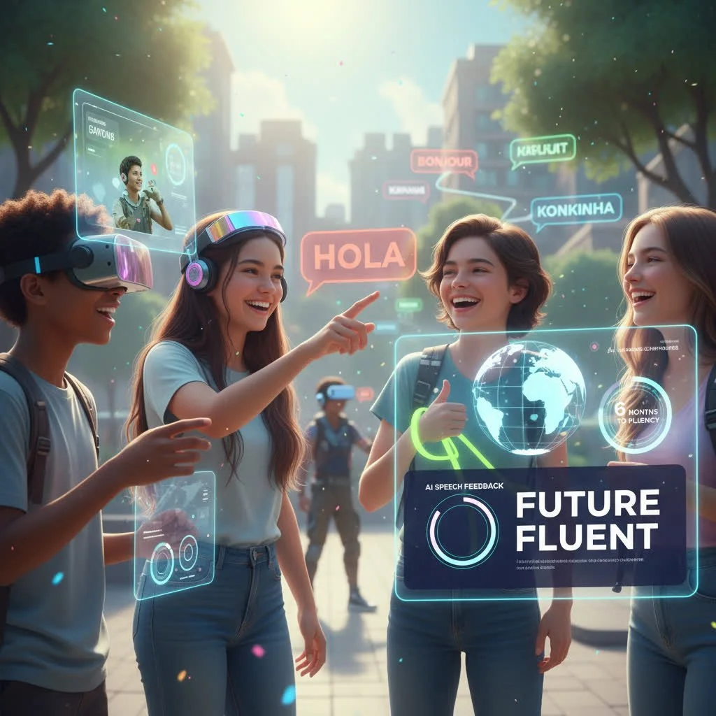 Group of four young friends interacting with holographic virtual reality displays outdoors in a city park, with speech bubbles showing greetings and conversations.
