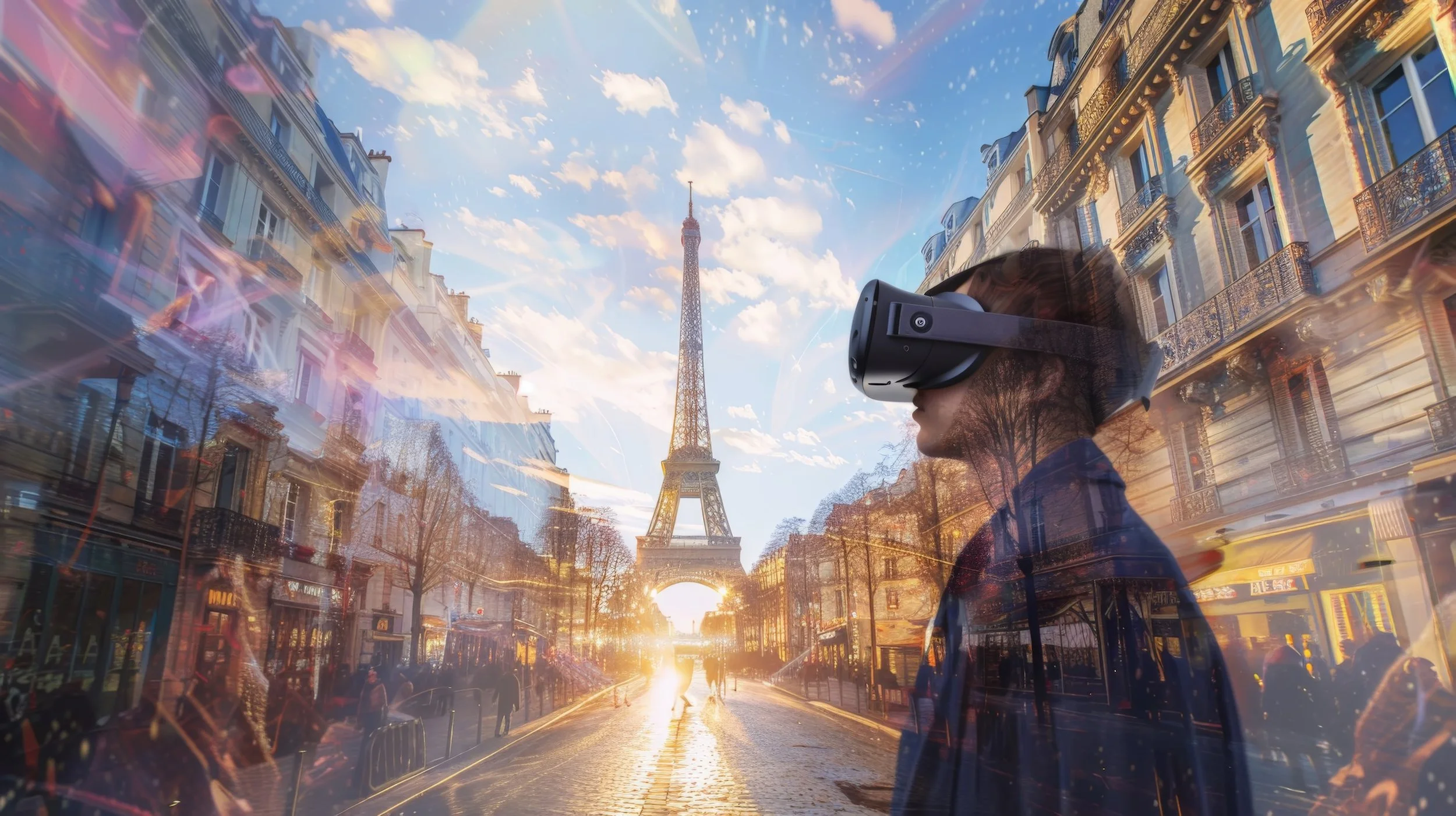 A person wearing a virtual reality headset standing on a street in Paris with the Eiffel Tower visible in the background during sunset.