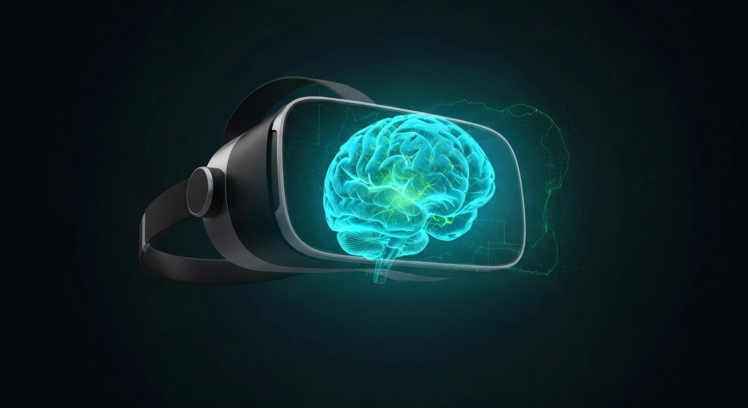 A virtual reality headset displaying a glowing digital brain with neural connections.