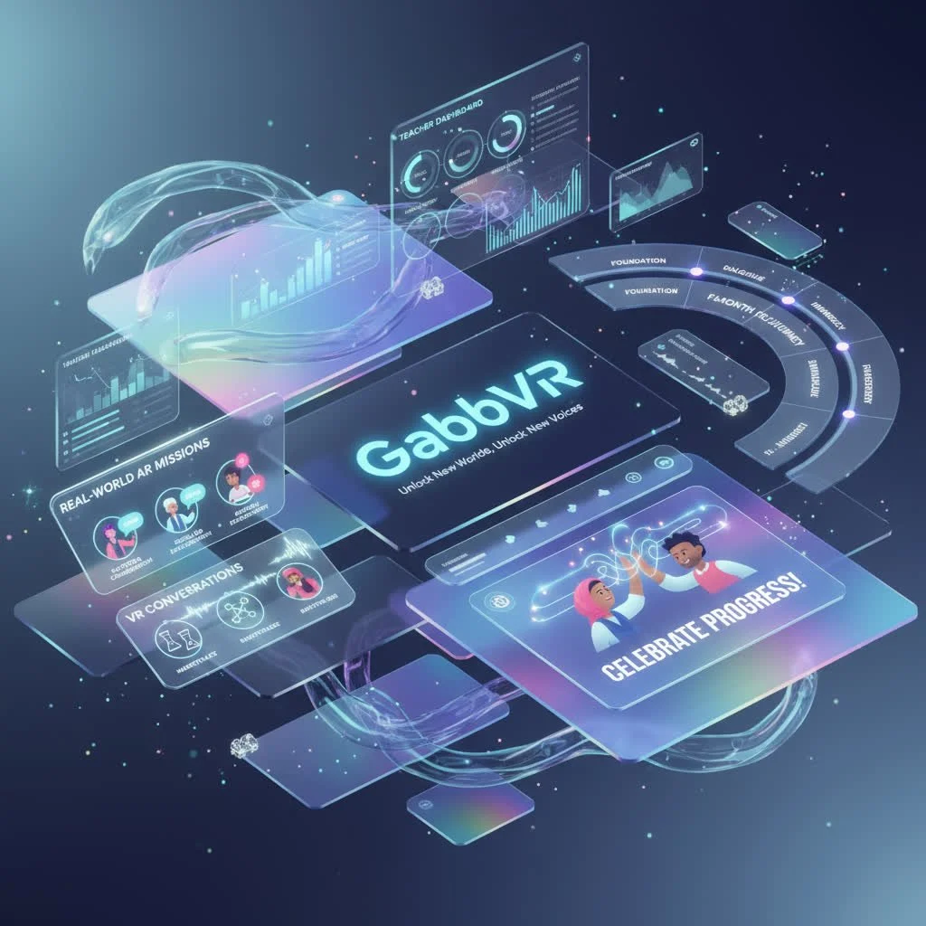 Futuristic digital illustration showcasing a virtual reality platform called GabbVR, with holographic screens displaying data, graphs, and graphics related to AR missions, VR conversations, and virtual celebrations.