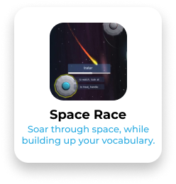 A space-themed educational game screen showing a spaceship and a planet, with the title 'Space Race' and the tagline 'Soar through space, while building up your vocabulary'.