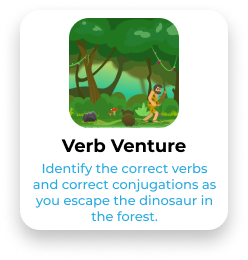 Cartoon forest scene with a leopard and various small animals, featuring a white speech bubble with blue text about verb tense practice.