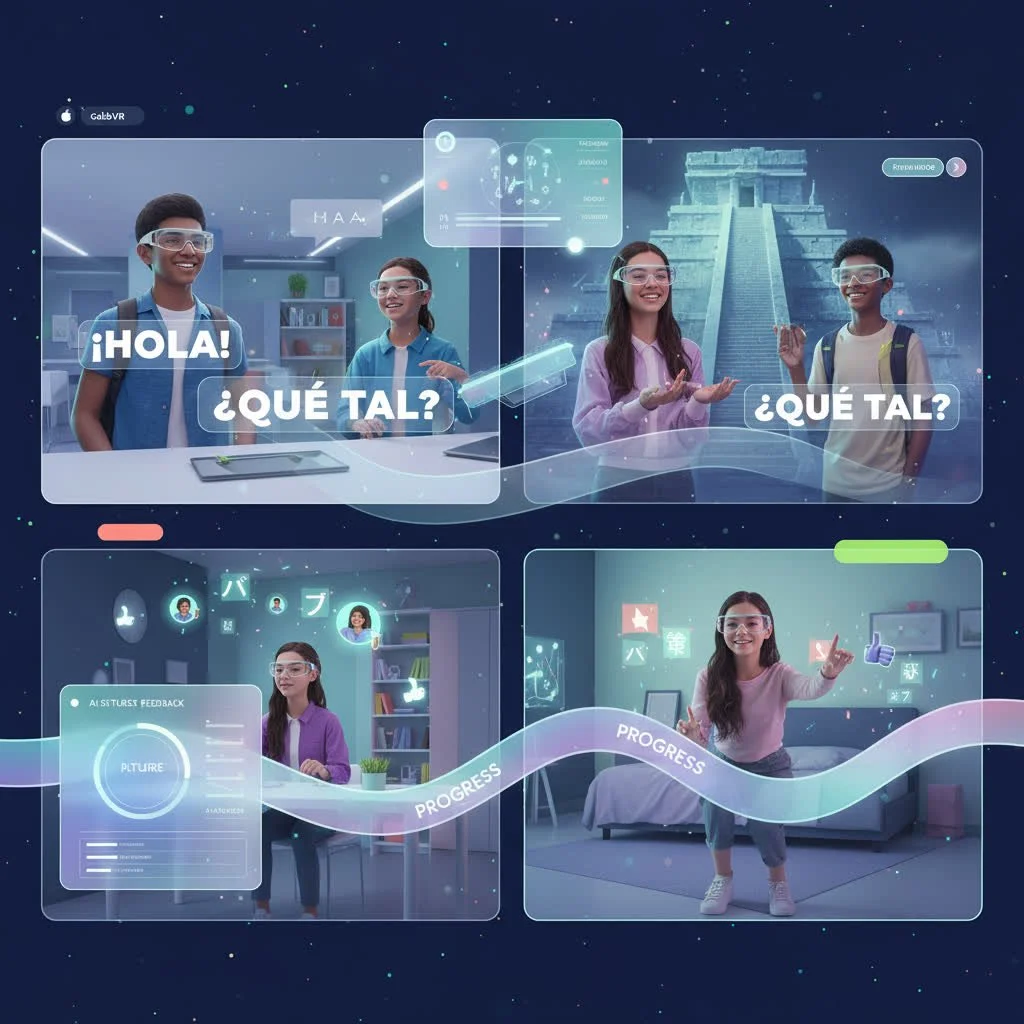 A futuristic digital illustration of children and a young girl using virtual reality headsets, engaging in language learning and interaction with holographic interfaces, set against a space-themed background with a Mayan pyramid.