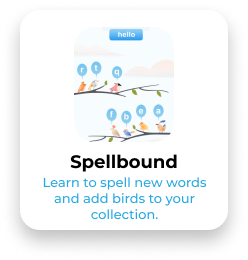 An illustration promoting the Spellbound app, showing birds in a tree and a person learning new words on a device.