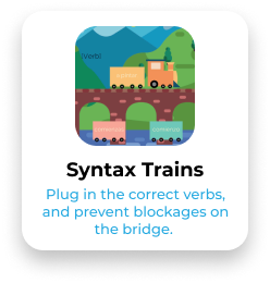 Illustration of a train crossing a bridge with text promoting syntax training for verbs.