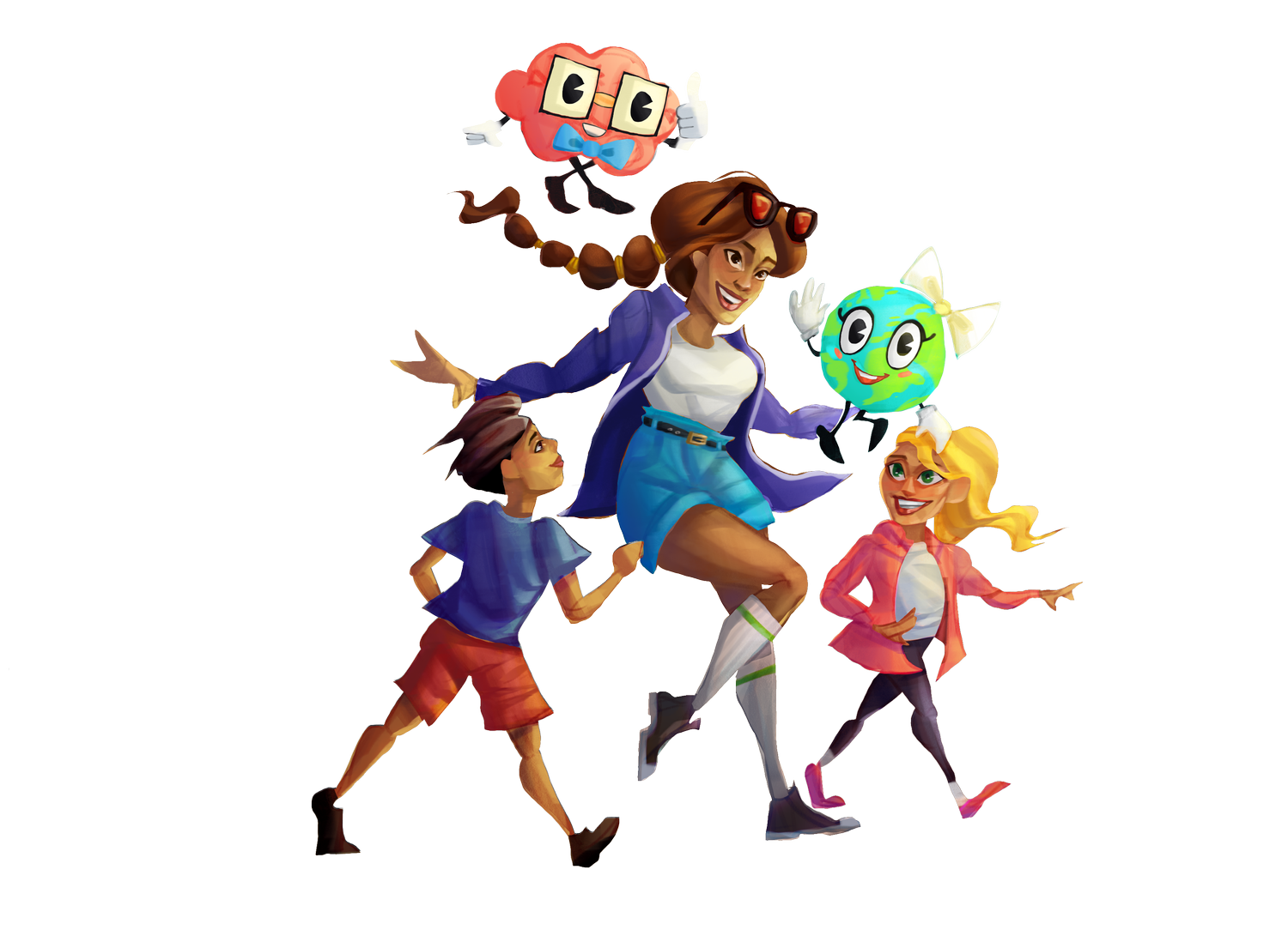 Animated woman and children holding Earth and science balloons, with two floating cartoon brains above them.