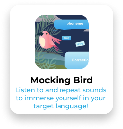 Icon of a pink bird on a green leafy background with speech bubbles containing words like 'phoneme', 'sing', and 'correction', promoting a language learning app called 'Mocking Bird' for practicing sounds.