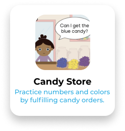 Children at a candy store with a sign that says 'Can I get the blue candy?'