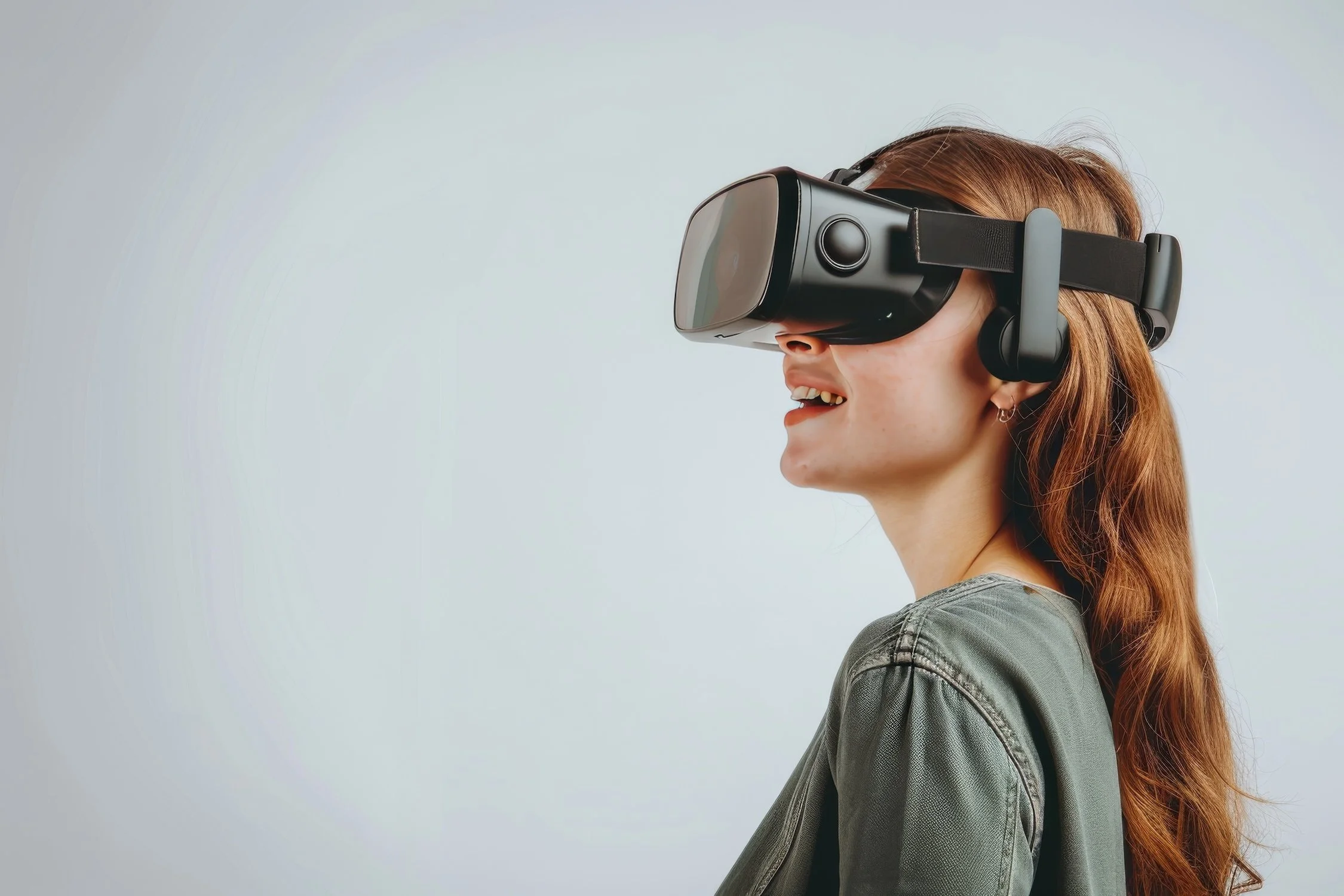 A young woman with reddish-brown hair smiling while wearing a virtual reality headset.