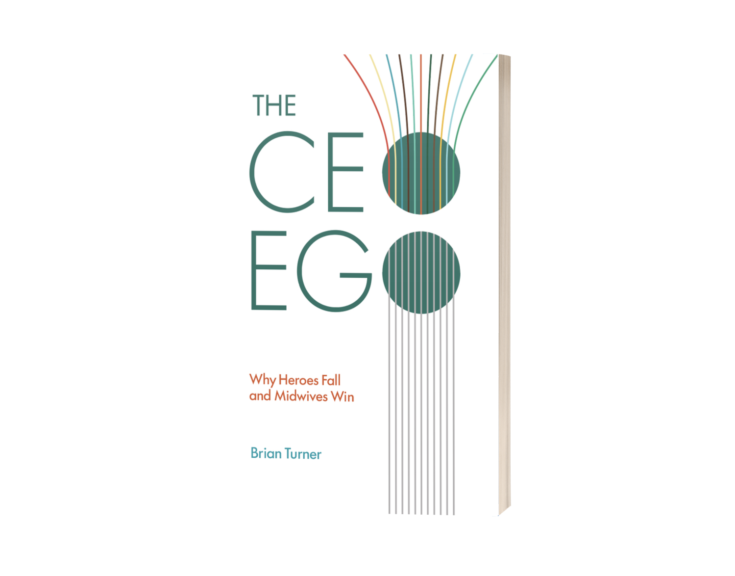 Book cover titled 'The CEO Next Door' with subtitle 'Why Heroes Fall and Midwives Win' by Brian Turner, featuring a design of two dark green circles connected by colored lines.