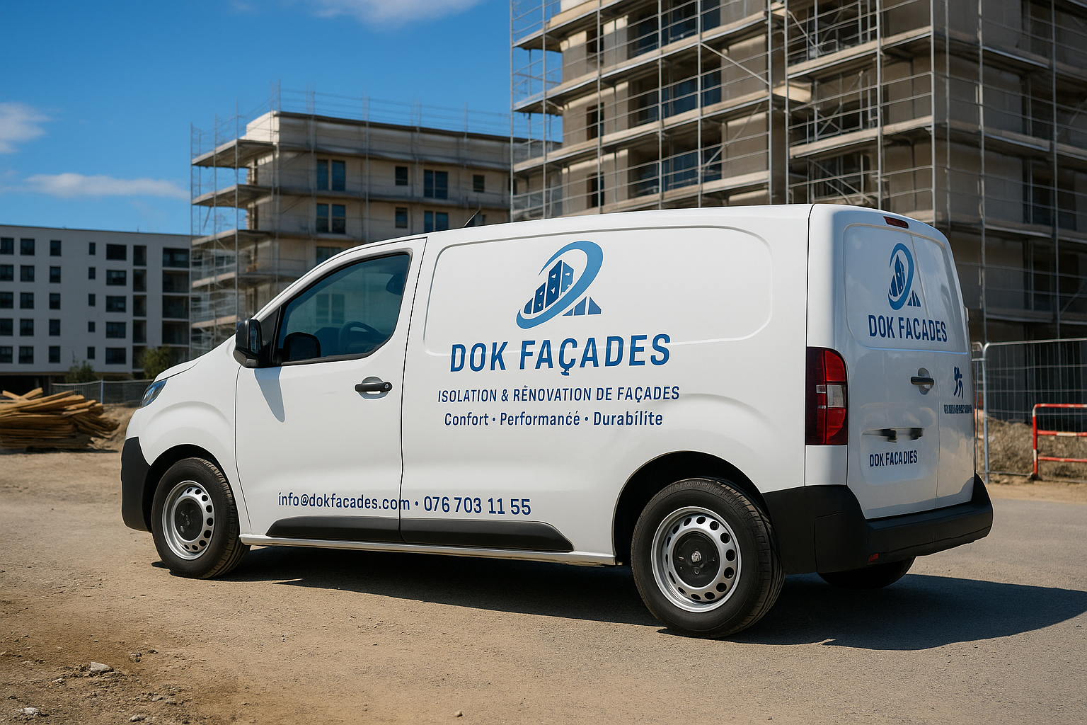 Un camion blanc de l'entreprise DOK Facades, spécialisé dans l'isolation et la rénovation de façades, stationné à côté d'un bâtiment en construction avec un ciel dégagé.