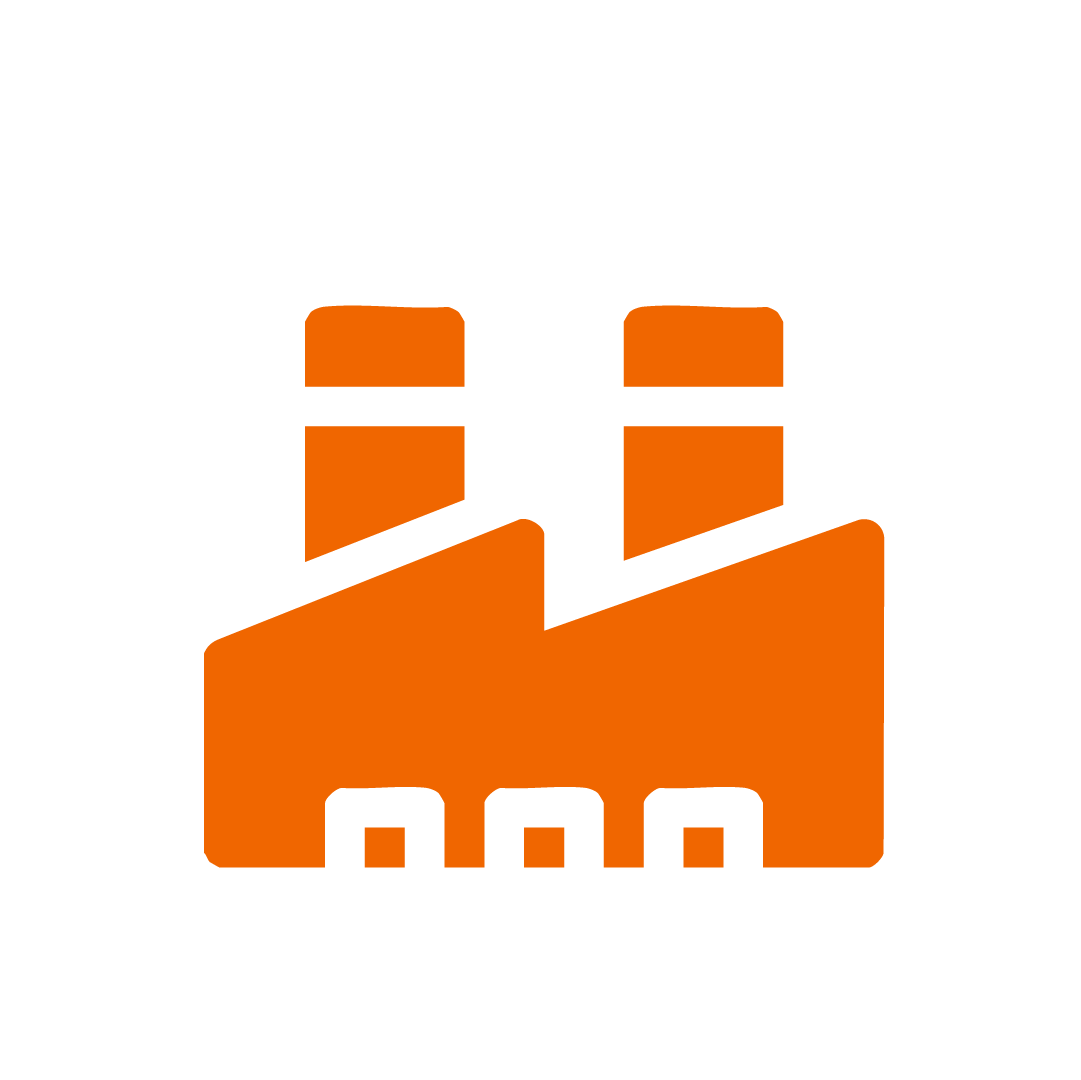 Black and orange factory icon with smoke stacks