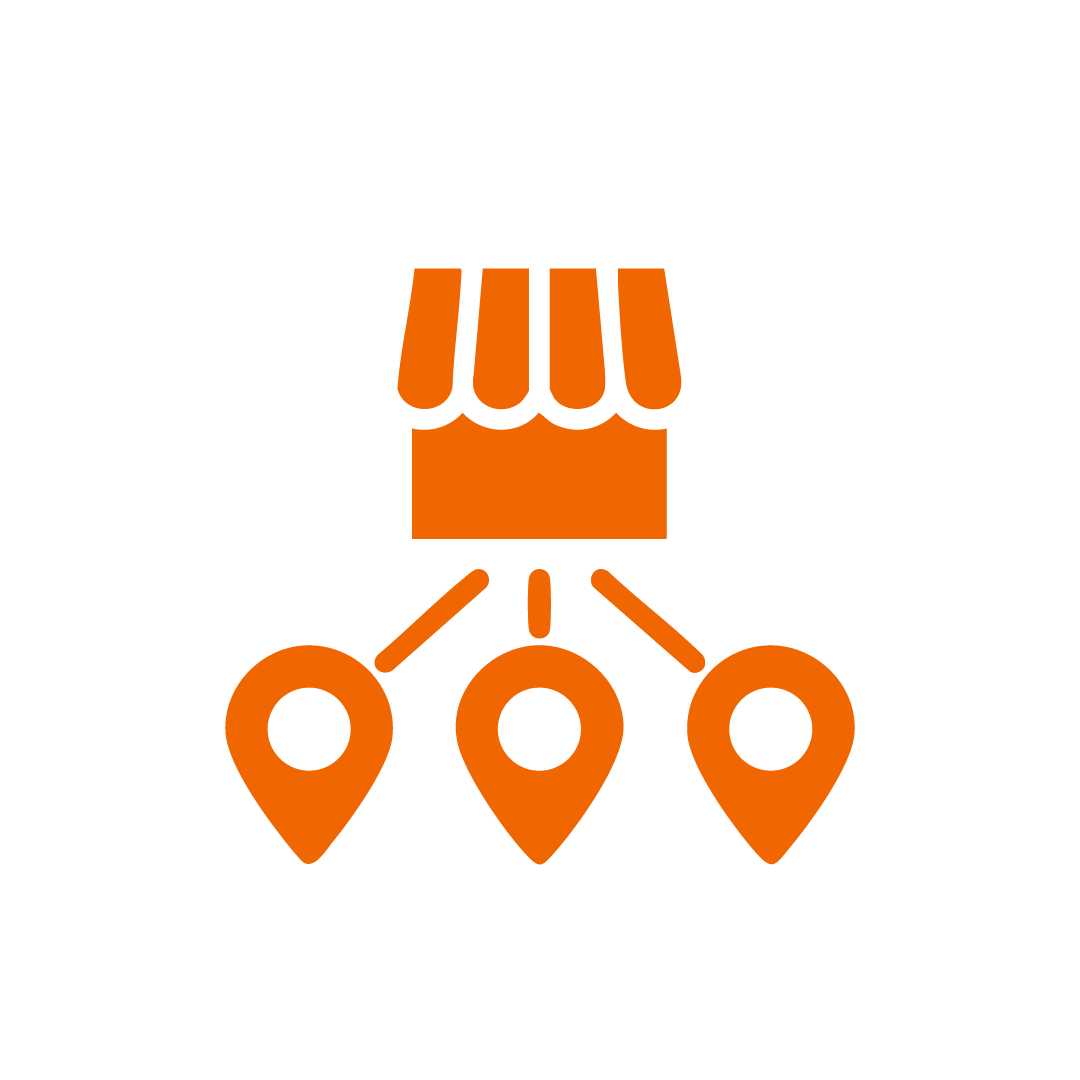Icon of a hand holding a box connected to three location pins, representing delivery or logistics.