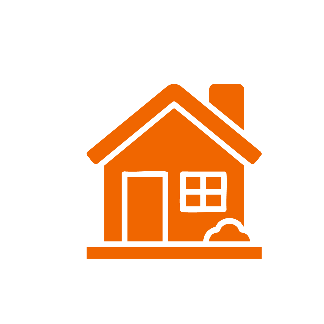Icon of a house with a door, a window, a small bush, and a chimney in an orange color.