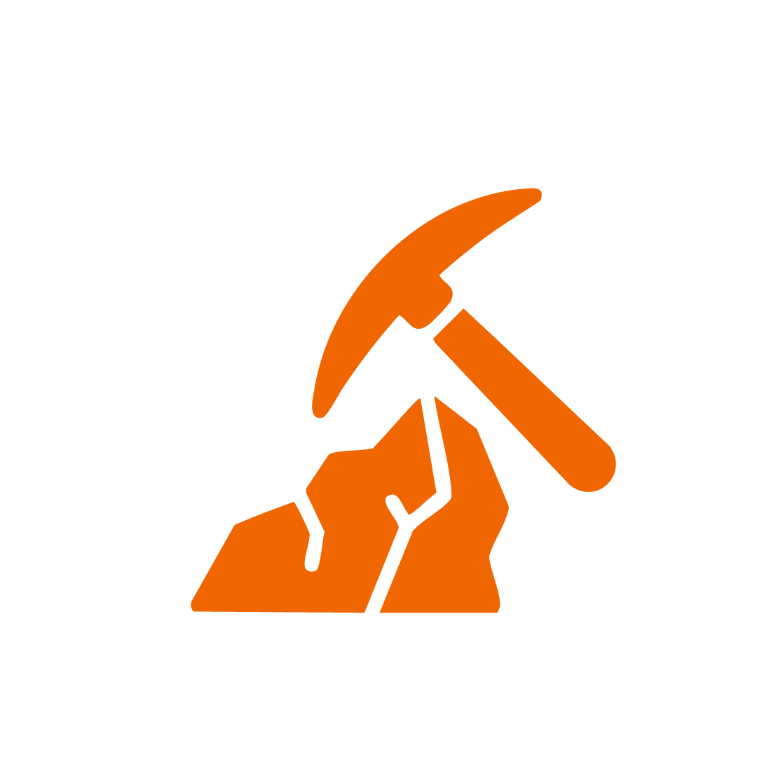 A black and orange logo of a pickaxe and a hammer crossed over a mountain, symbolizing mining or construction.