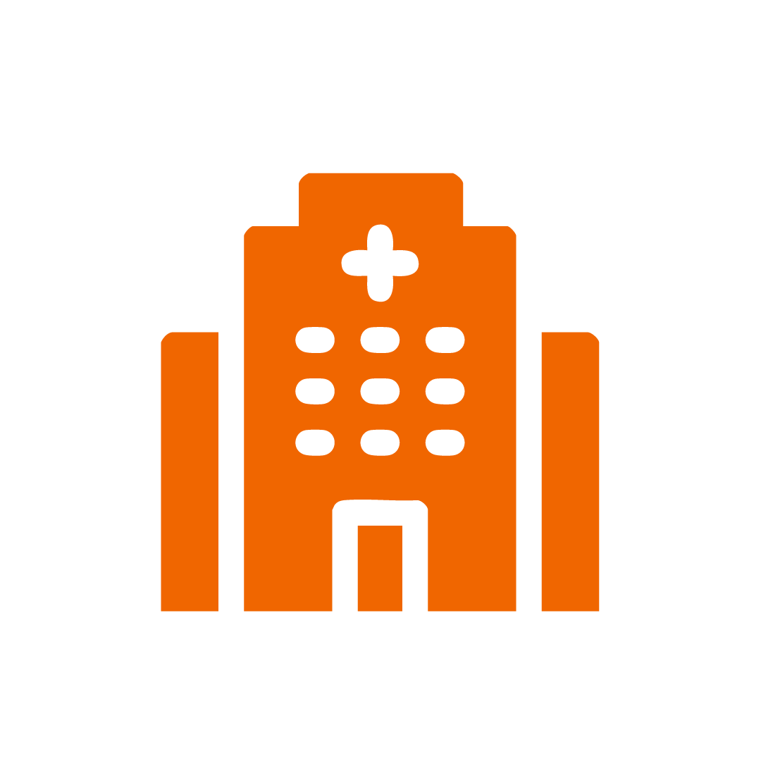 Icon of a hospital building in orange with a cross on top, set against a black background.