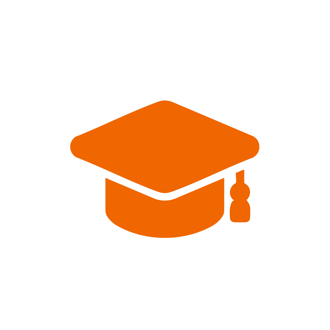 Orange graduation cap icon on a black background.