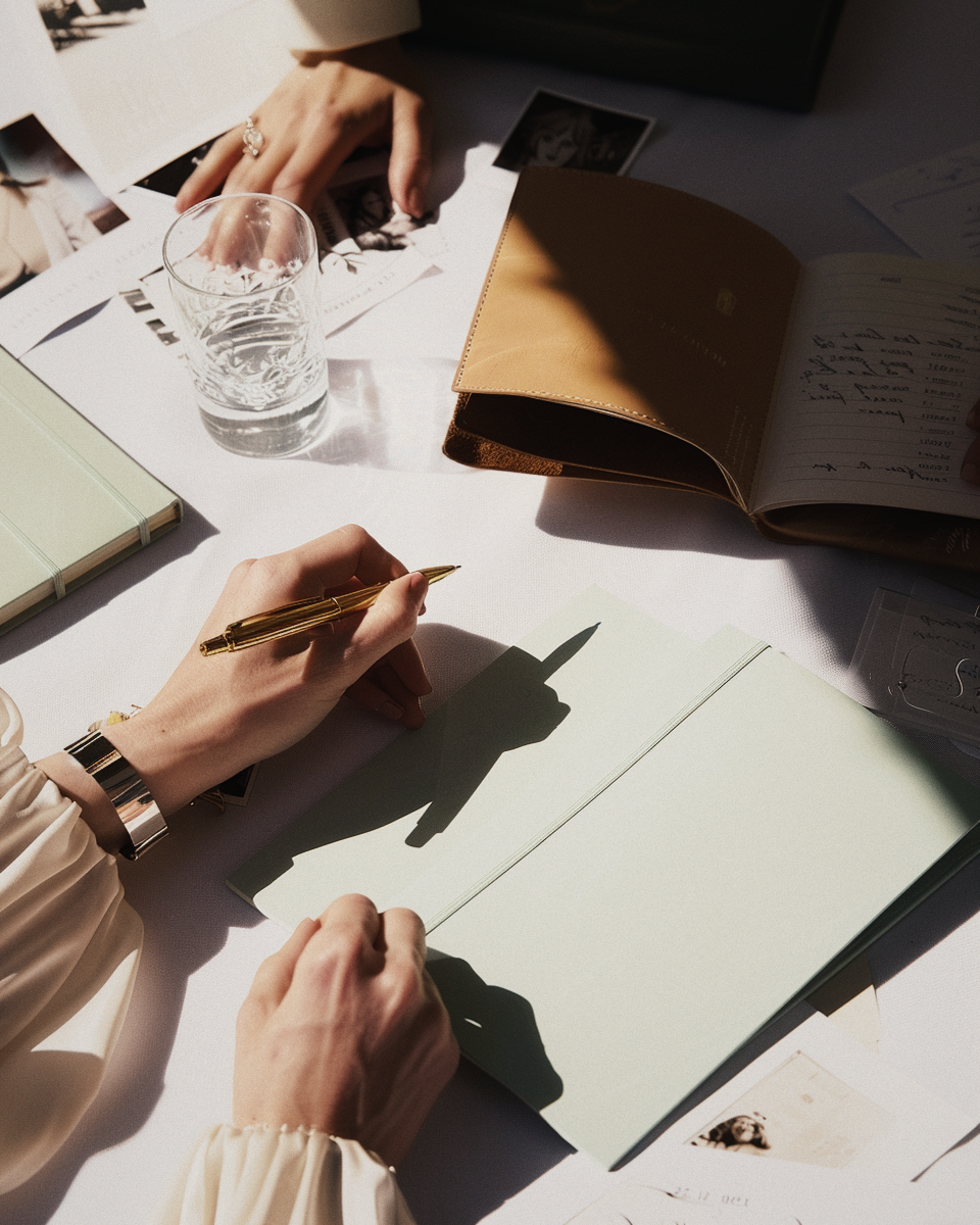 Hands writing on a notebook with a gold pen, surrounded by documents, a glass of water, and a notebook on a white table, with sunlight casting shadows.