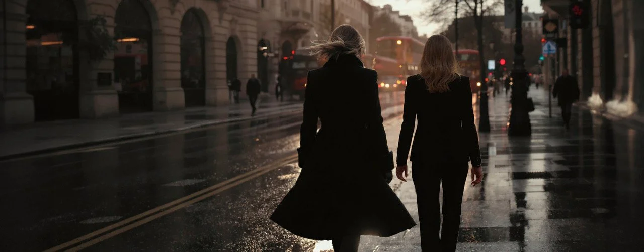 Two women walk on a wet city street with buildings and streetlights in the background at dusk or dawn.