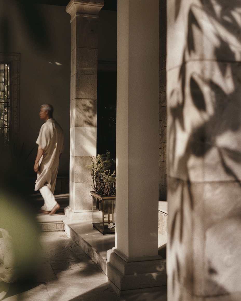 A person with gray hair wearing a beige outfit walking in a sunlit interior space with marble columns and plants.