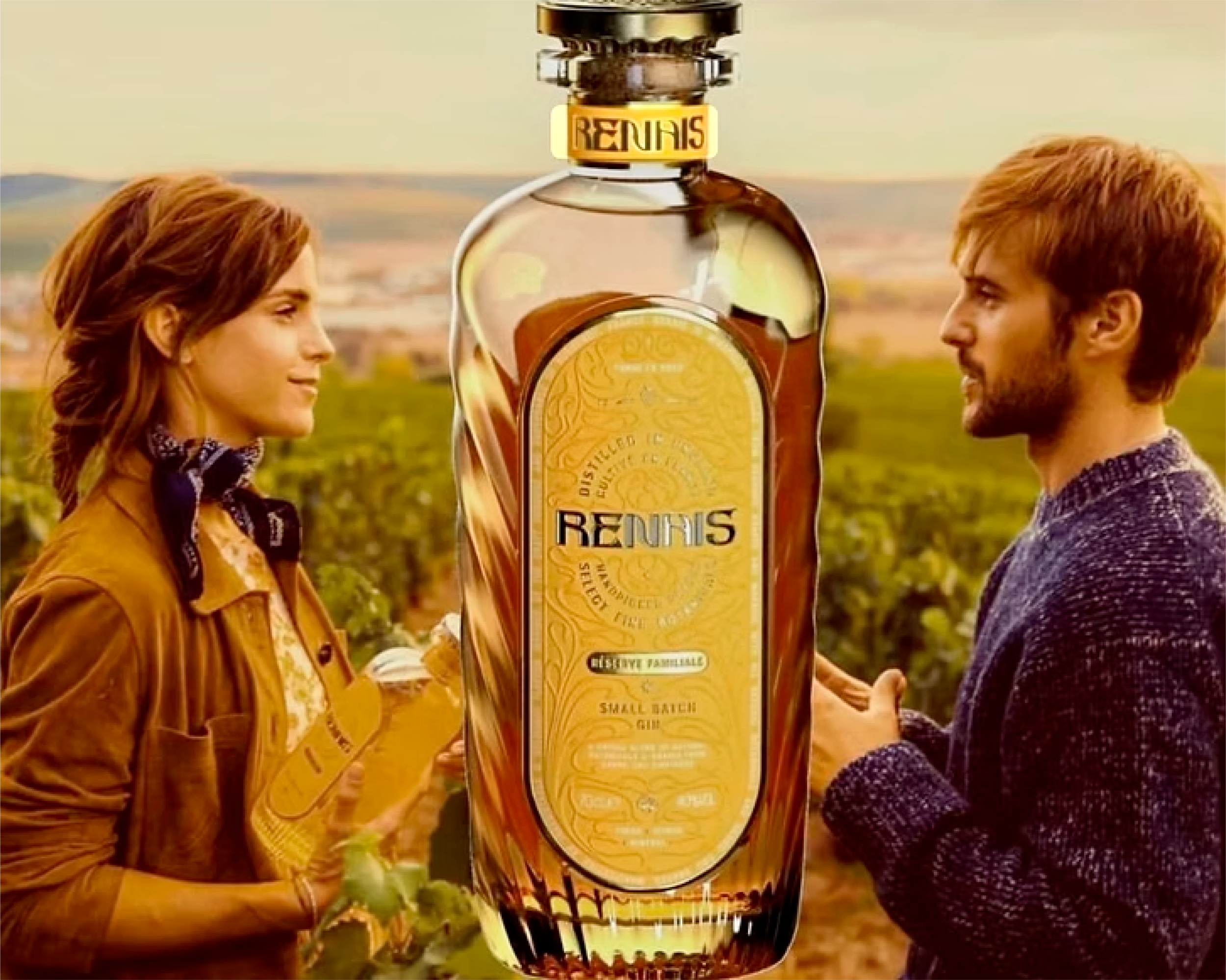 A woman and a man face each other outdoors in a vineyard, holding hands with a large Renuis whiskey bottle between them.