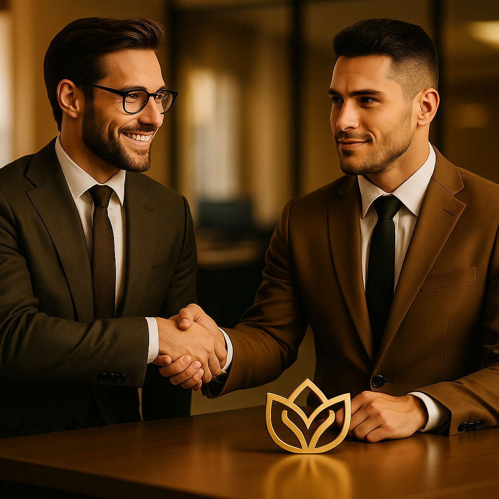 Twee zakenmannen in pakken schudden elkaar de hand bij een ondertekening of zakelijke overeenkomst.