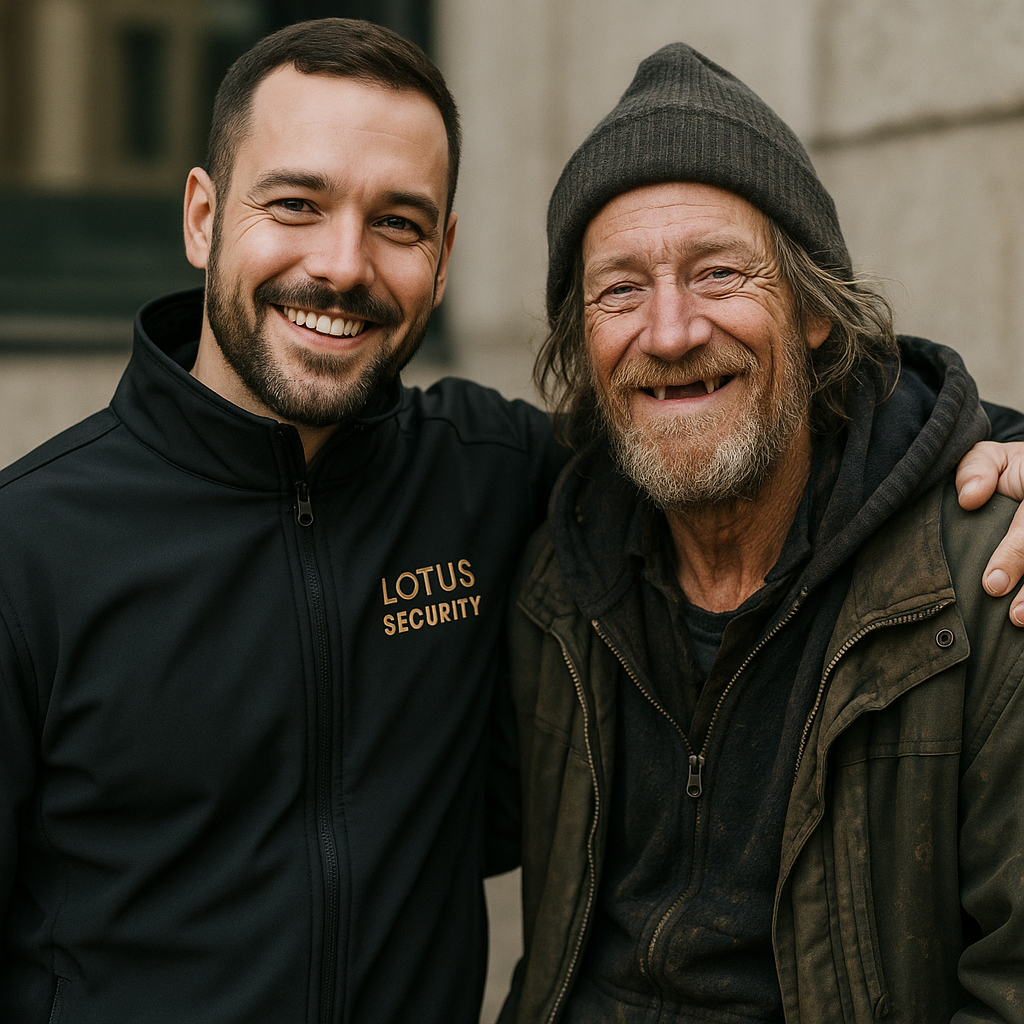 Twee mannen glimlachen en hebben elkaar omarmd, de man aan de linkerkant draagt een hoodie met de tekst 'LOTUS SECURITY' en de man aan de rechterkant draagt een grijze muts en een legerkleurige jas.